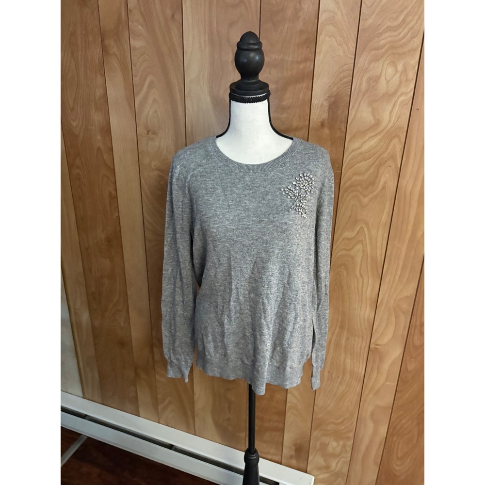 LOFT Gray Embellished Rhinestone Pearl Floral Wool Blend Sweater Large